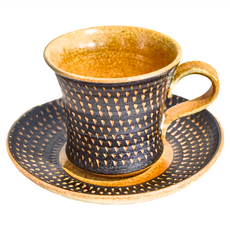 美濃燒 唐茶咖啡杯 + 盤子組 -日本製 180ml, 黑點紋, 1組