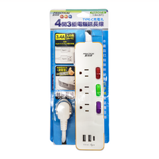 PRACTICAL 實用牌 4開3插+Type-C充電孔電腦延長線, 白色, 1個, 1.8m