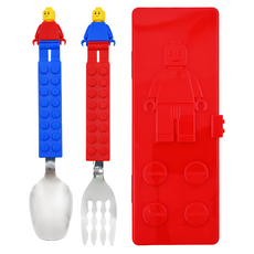 OXFORD 樂高積木造型叉匙餐具組 湯匙藍色1入+叉子1入+餐具盒1入, 紅色, 湯匙+叉子+收納盒, 1組