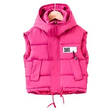 兒童款秋冬羽絨棉背心, 連帽款, 尺碼100-150碼, 130, 玫紅色
