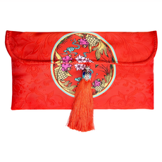 摩達客 農曆春節開運 綢緞布橫式雙魚流蘇藝術紅包袋 Set, 1個