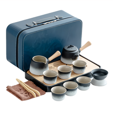 麂皮旅行茶具套裝組, 1組, 藍色皮箱款