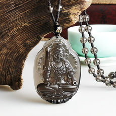 生肖雞 不動明王本命佛 頂級冰晶黑曜石項鍊 (鏈長約62cm, 本命佛約5.3cm*3.8cm), 透明色 + 灰色, 1條