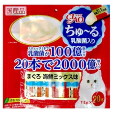 INABA CIAO 啾嚕 乳酸菌肉泥, 條狀包裝方便餵食, 綠茶除臭成分配方, 幫助消化, 減少貓咪糞便異味, 鮪魚+海鮮綜合, 280g, 2袋