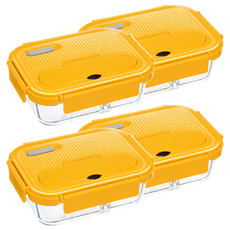 HICHEF 掌廚 Eco Fresh 耐熱玻璃分離保鮮盒，6：4完美分隔，食物不混味, 黃色 1050ml, 4個