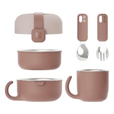 MOTHER-K Hug 外出豪華不鏽鋼餐具多件組 Set 餐具齊全 耐用抗腐, 1組, 蓋子 + 小碗 + 大碗 + 杯子 + 湯匙 + 叉子 + 固定帶, 乾燥玫瑰