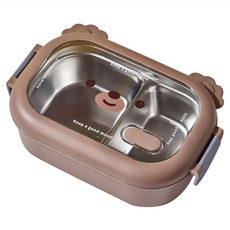 可愛小熊不鏽鋼保溫飯盒 分隔設計, 咖啡色, 1個