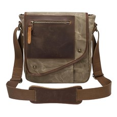 LIKEHOUSE 過蠟防潑水帆布 牛皮男士翻蓋豎款肩背包 CLB09 土黃色 復古有型, 1個, 24x18x13 公分