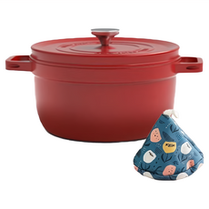 HONDONI 日式琺瑯鑄鐵鍋 K1-RD 古典紅 3.5L 雙耳鍋 附防燙三角帽 適用電磁爐, 1個, 24cm