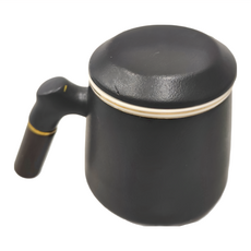 辦公室陶瓷金邊帶蓋木柄馬克杯, 黑, 1組