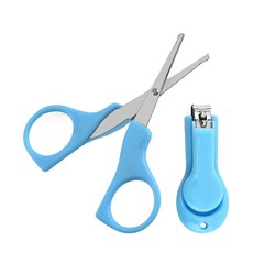 神崎家居 寶寶安全剪刀 + 指甲剪 圓潤鈍口剪刀頭設計 安心材質 兒童適用 便捷式可收納, 藍色, 1組
