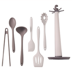 SUnORO 韓版耐熱矽膠廚具7件套裝, 煎鏟 + 撈麵勺 + 刮刀 + 湯勺 + 密勺 + 食物夾 + 收納架, 1組