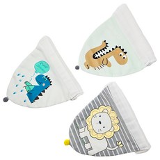 vanibaby 四層紗純棉吸汗巾 墊背巾 3件組, 小恐龍小獅圖案, 透氣清爽輕盈, 點聯紗工藝耐水洗, 白底恐龍 + 綠底恐龍 + 小獅子, 1組