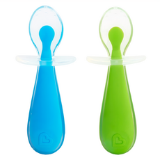 munchkin 滿趣健 矽膠學習湯匙2入, 柔軟矽膠 不傷寶寶牙齦, 適用6個月以上, 藍+綠, 1組