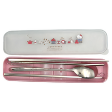 Hello Kitty 凱蒂貓 環保餐具 304不鏽鋼, 湯匙4 x 20.5cm + 筷子23cm + 吸管21.5cm + 清潔刷 + 餐盒25 x 6 x 3cm, 蘋果款 上蓋透明款, 1組