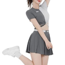 成人女生泳衣 交叉短袖分體褲裙套裝, M, 黑白相間