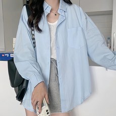 寬鬆素面長袖襯衫，棉+聚酯纖維, 不適用, 天藍色