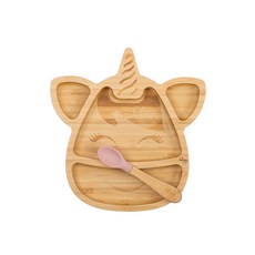 Citron 小檸檬 竹製餐盤組 4格分隔 底部吸盤設計, 盤子 + 湯匙, 夢幻獨角獸, 1組