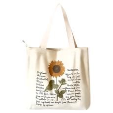 E.City 大容量花朵帆布托特包購物袋 - 提把高約27cm 加密棉帆布, 向日葵, 40 x 35 x 10cm