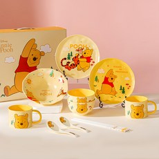 Winnie the Pooh 小熊維尼 玩趣系列 二人食餐具組 陶瓷餐具, 維尼熊, 湯盤 + 盤子 2個 + 碗 2個 + 杯 2個 + 湯勺 2支, 1組