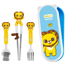 Edison Friends 兒童學習筷餐具組, 可愛動物角色, 特殊手指環設計, 獅子款, 湯匙14.7*3.3cm*1支+叉子14.7*2.5cm*1支+學習筷17.7*4.5cm*1雙+餐具收納盒25*7cm*1個, 1組
