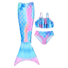 愛北鼻 美人魚泳衣3件組, 130碼, 粉藍美人魚尾 - 女童泳裝
