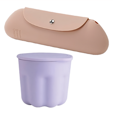 化妝刷清洗杯晾曬架 附矽膠收納美妝包, 紫色 + 卡其色, 1組