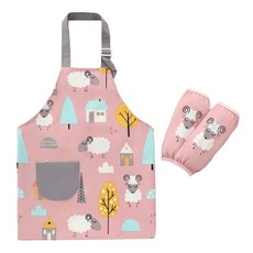 兒童動物印花小口袋防水圍裙袖套組 防水防油 畫畫/美術/勞作適用, 綿羊, 130碼 建議6-9歲