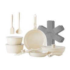 Redchef 紅廚 陶瓷岩不沾鍋具16件組, 白色, 煎鍋20cm + 煎鍋26cm + 深煎鍋26cm + 奶鍋18cm + 奶鍋20cm + 可卸手柄2個 + 矽膠玻璃蓋26/20cm 2個 + PP蓋18/20cm 2個 + 鏟子 + 湯勺 + 隔熱墊3個, 1組