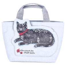 kUSUgURU JAPAN 日本眼鏡貓 Cat Rose Garden黑貓君系列 手提包 立體貓耳大口袋雙面印花手提托特包, 藍色