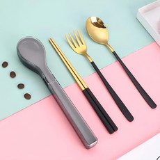 瑞典廚房 北歐風/創意/戶外旅行/學生/304不鏽鋼便攜式餐具組, 湯匙 + 筷子 + 盒子, 2組, 質感黑