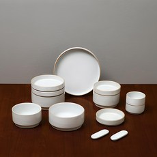 ERATO Olheum系列 雙人陶瓷碗盤組, 2個飯碗 + 2個湯碗 + 2個中菜碟 + 2個大菜碟 + 圓盤 + 2個小醬料碟 + 2個匙筷架, 白色, 1組