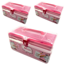 MORY 茂盛 大容量三層翻蓋手提收納箱 粉色 3個, 28.5 x 18.5 x 16cm