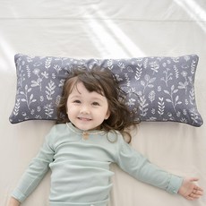 Ahtty blanc 棉質防蟎兒童枕頭 長條形狀 C型設計, 30 x 70cm, 灰底植物款 灰色