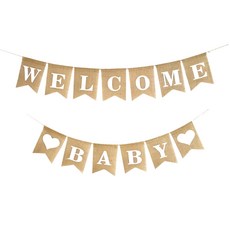 森林系麻布裝飾拉旗 寬13*高18公分 亞麻布麻繩 DIY組裝, welcome baby, 1組
