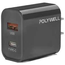 POLYWELL 寶利威爾 雙孔PD充電頭 20W Type-A + Type-C, 黑色, 1個