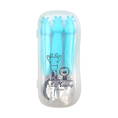 PUKU 藍色企鵝 長頸鹿不鏽鋼叉勺3件組, 湯匙 + 叉子 + 果泥勺 + 收納盒, 水藍色, 1組