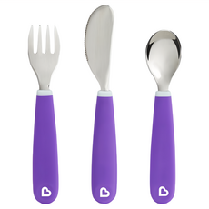munchkin 滿趣健 兒童不鏽鋼餐具三件組, 湯匙/叉子/刀, 適用18個月以上, 不含BPA, 不鏽鋼餐具三件組, 紫, 1組