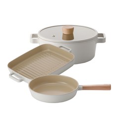 NEOFLAM 台灣原廠公司貨 FIKA系列 電磁爐適用 鑄造鍋3件組, 白色, 平底鍋 28cm + 雙耳湯鍋 22cm + 烤盤 28cm, 1組