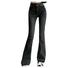 美式雙釦刷舊微喇叭牛仔長褲