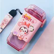 優貝選 迪士尼立體3D圖案矽膠包覆方形兒童用吸管水壺, 粉色甜甜圈米妮, 1個, 280ml