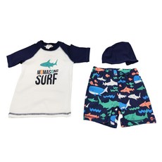 愛北鼻 男童分體泳衣 Set 字母鯊魚圖案 短袖上衣+泳褲有綁帶, 深藍, 6碼