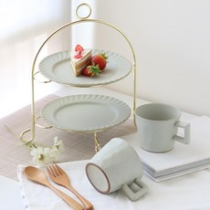 JUST HOME 沐境手感陶瓷下午茶蛋糕盤及馬克杯5件組 5733-20A, 白色, 馬克杯 2個 + 平盤 2個 + 盤架 1個, 1組