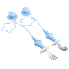 兒童吸盤餐具組 1組 寶寶學習餐具, 不鏽鋼湯匙 + 不鏽鋼叉子 + 吸盤 2個 + 防掉練 2條 + 收納盒, 藍色