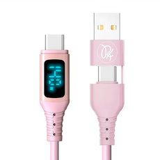 PICKOGEN 皮克全 140W快充二合一充電線 雙Type-C USB-A PD快充 液態矽膠材質 智能數顯 QC4.0, 粉色, 1.2m, 1條