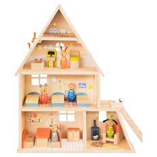 Moulin Roty 歡樂家庭木製玩具組 包含壁爐、沙發、廚房、浴室及床的小配件, 1組, Natural wood