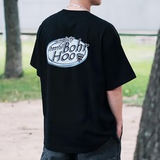 BOHRHOO 美式復古印花純棉短袖, 涼感科技面料, 男女都合適, L, 黑