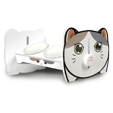 YSS Dog&Cat 職人木匠 瓷碗, 360度可調式 雙碗, 寵物食用碗, 小花貓, 1組