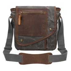 過蠟防潑水帆布配頭層瘋馬牛皮男士翻蓋豎款肩背包男包 CLB09, 灰色