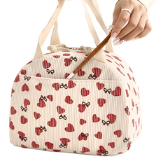 Mass 保溫手提便當袋 大容量便攜便當包 保冷防水 時尚可愛花朵愛心款 25 x 14 x 19cm 米色愛心, 1個